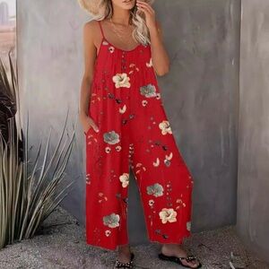 Women’s Red Jumpsuit w/ Floral Print, XL